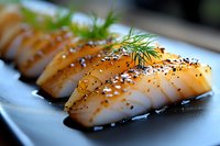 Fresh seared scallops with black sesame seeds and dill garnish served on dark plate, close up view with selective focus and natural lighting.