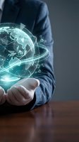 Businessman holding holographic globe with network connections and data visualization for global business technology concepts.