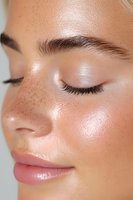 Close-up profile of young woman with natural freckles, glowing dewy skin, closed eyes, and soft pink lips showing fresh minimal makeup look for beauty and skincare.