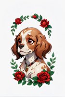 Adorable Cavalier King Charles Spaniel puppy portrait surrounded by red roses and green leaves wreath on white background, suitable for pet merchandise design.