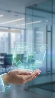 Hand holding holographic business strategy diagram with strategic alignment and process flow elements in modern office environment for corporate planning.
