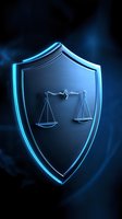 Glowing shield with scales of justice symbol on dark background, neon blue light effect highlighting legal protection and security concept for law firm presentations.