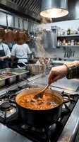 Professional chef stirring steaming tomato sauce in commercial kitchen with team cooking in background for restaurant service.