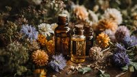 Amber glass bottles with essential oils surrounded by colorful wildflowers and dried herbs for natural aromatherapy and wellness treatments.