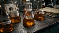 Laboratory flasks containing amber liquid extracts arranged on dark surface for scientific research, chemistry education, or pharmaceutical development purposes.