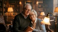 Happy senior Caucasian couple embracing in cozy home library with warm lighting, bookshelves and lamps creating intimate atmosphere for retirement lifestyle content.