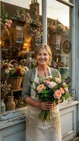 Middle-aged Caucasian female florist holding fresh bouquet of roses and greenery outside flower shop storefront with dried arrangements and baskets displayed in window. Use for floral business, small business owner, florist profession.