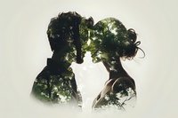 Double exposure silhouette of romantic young Asian couple against lush forest canopy, perfect for wedding photography, relationship counseling, or environmental themes.