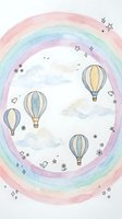 Watercolor hot air balloons floating in pastel rainbow circle with stars and clouds on white background for nursery decor and children designs.
