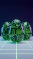 Futuristic Easter eggs with glowing green circuit board patterns on a neon grid, blending technology and holiday themes in a cyberpunk style.