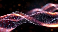Glowing pink and orange particles form elegant flowing waves against dark background, creating mesmerizing abstract light trails with sparkle effect and bokeh elements.
