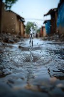 Dynamic water splash captured in motion with droplets frozen in time against blurred urban background, creating dramatic macro photography effect in natural lighting.