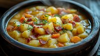 Hearty potato soup with bacon bits, carrots and fresh herbs in rustic ceramic bowl, close-up view showing rich broth and tender vegetables.