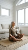 Senior woman with gray hair practicing yoga in bright, minimalist living room with white shiplap walls, large windows, and neutral furnishings. Meditation and wellness.