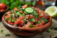 Fresh Mediterranean salad with diced tomatoes, cucumber, red onion, and herbs in rustic clay bowl. Garnished with parsley and lemon for bright, healthy dining.
