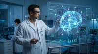Male doctor analyzing holographic brain scan with neural networks and medical data visualization in modern laboratory setting for healthcare technology research.