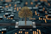 Digital tree growing from microchip on circuit board with glowing orange elements, symbolizing artificial intelligence and technological growth in computing.