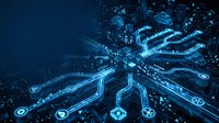 Digital circuit board with glowing blue pathways and electronic connections on dark background for technology and innovation concepts.