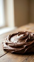 Rich chocolate frosting swirled on wooden surface with natural window lighting for baking and dessert preparation concepts.