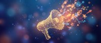 Golden wireframe megaphone with glowing particles and energy effects on cosmic blue background for digital marketing and communication concepts.