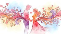 Romantic couple silhouettes with colorful watercolor flourishes and hearts on white background for wedding invitations and love-themed designs.
