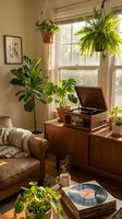 Cozy vintage living room with houseplants, leather armchair, wooden furniture and record player creating warm bohemian home interior atmosphere.