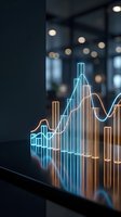 Glowing neon financial chart with rising trend line displayed on modern office screen showing business growth and market analysis data visualization.