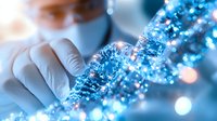 Glowing DNA strand held by scientist in white gloves, blue genetic research concept with bokeh light effects and shallow depth of field for medical backgrounds.