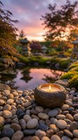 Stone candle holder with glowing flame on pebbles beside tranquil pond at sunset creating peaceful zen garden atmosphere for meditation and relaxation.