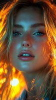 Close-up portrait of young Caucasian woman with freckles and blue eyes in dramatic orange and teal lighting, hair backlit by sunset glow creating ethereal atmosphere.