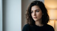 Young brunette woman with wavy hair in dark sweater looking thoughtfully at camera in modern indoor setting with warm lighting for lifestyle content.