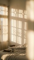 Warm sunlight streaming through window creates geometric shadows on bedroom wall with books on unmade bed creating cozy morning atmosphere.