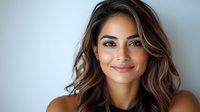 Young woman with highlighted brown wavy hair and natural makeup smiling confidently against light background, showcasing modern beauty and wellness trends.