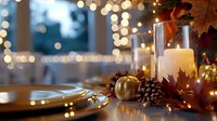 Festive autumn table setting with glowing candles, golden pumpkins, pine cones and maple leaves against blurred bokeh lights background for holiday season.