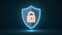 Glowing cybersecurity shield with padlock icon on dark digital background with particles for data protection and network security concepts.