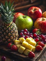 Fresh tropical and garden fruits arranged on wooden board with pineapple chunks, strawberries, red grapes, green and red apples in moody lighting.