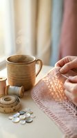Woman hands holding pink knitted fabric with ceramic mug and sewing supplies on table. Cozy crafting hobby scene for handmade textile projects and creativity.