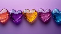 Colorful glass hearts in row with liquid inside on purple background. Romantic concept with transparent heart-shaped bottles filled with vibrant drinks for valentines.