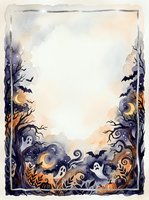 Watercolor Halloween frame with spooky trees, bats, ghosts and pumpkins on white background. Autumn border design for invitations and seasonal projects.