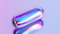Glossy transparent capsule with vibrant neon gradient, glowing blue and pink light effects on soft purple background, isolated for design use.