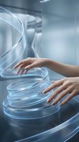 Human hands interacting with futuristic holographic interface displaying swirling blue light streams in modern digital environment for technology concepts.