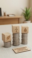 Wooden blocks with engraved eco symbols stacked on metal coils, representing sustainable energy solutions for environmental business concepts and green technology initiatives.