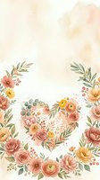 Watercolor floral heart wreath with roses, peonies and eucalyptus leaves on soft beige background for wedding invitations, greeting cards and romantic designs.