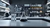 Laboratory glassware with test tubes and conical flask containing dark liquid on gray surface, molecular structure floating above in modern science lab setting.
