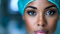 Young African American female medical professional wearing surgical cap with confident expression against blurred hospital background, representing healthcare workers.