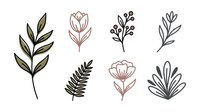 Botanical line art illustrations featuring hand-drawn leaves and flowers in minimalist style, isolated on white background for design projects.