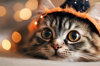 Adorable tabby kitten wearing orange Halloween witch hat with festive bokeh lights background for seasonal pet photography and holiday greeting cards.