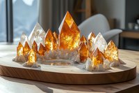 Glowing amber and clear quartz crystal points arranged on wooden circular tray, illuminated from behind creating magical mountain landscape effect.