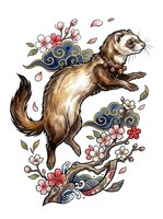 Playful ferret with brown and white fur leaping among ornamental flowers, branches, and falling petals on isolated white background. Hand-drawn illustration suitable for apparel, stickers, and design projects.