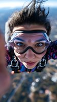 Young woman skydiver with protective goggles during freefall extreme sport adventure with wind-blown hair and aerial landscape background.